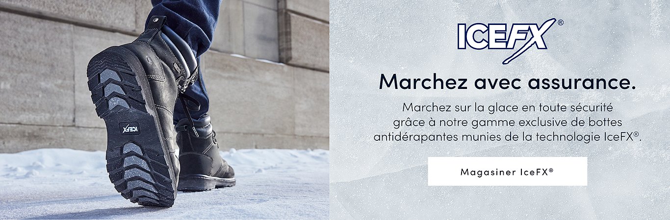Marchez avec assurance. Découvrez une façon plus sûre de marcher sur la glace avec notre gamme exclusive de bottes antidérapantes avec IceFX. Achetez IceFX.
