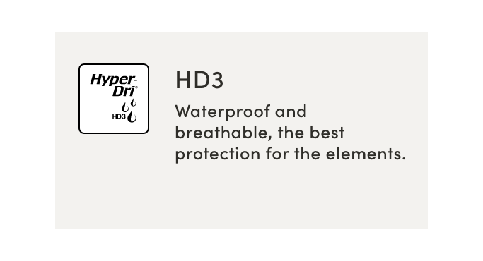 HYPER-DRI HD3 Waterproof and breathable, the best protection for the elements.