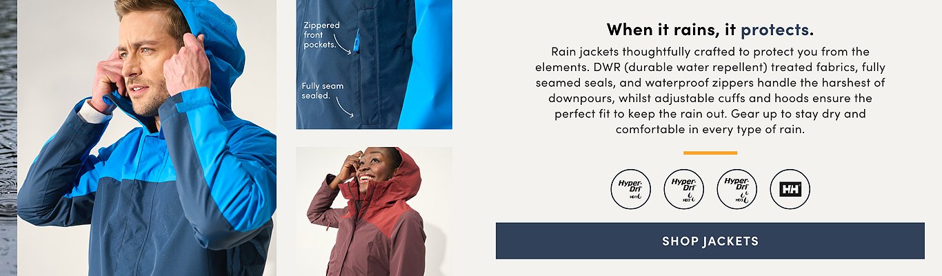 When it rains, it protects. Rain jackets thoughtfully crafted to protect you from the elements. DWR (durable water repellent) treated fabrics, fully seamed seals and waterproof zippers handle the harshest of downpours, whilst adjustable cuffs and hoods ensure the perfect fit to keep the rain out. Gear up to stay dry and comfortable in every type of rain.