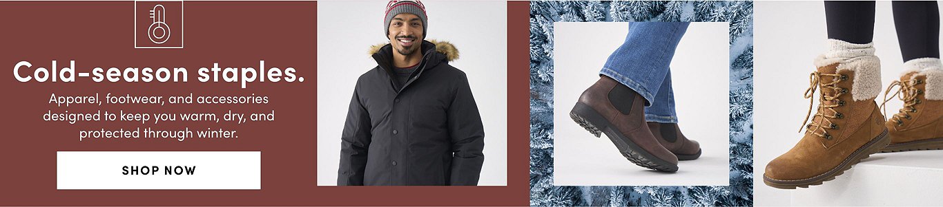 Cold-season staples. Apparel, footwear, and accessories designed to keep you warm, dry, and protected through winter