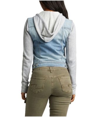 denim jacket with grey sleeves and hood