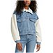 Women's Cropped Loose Winter Trucker Jean Jacket with Sherpa Collar and Sleeves – Medium Indigo