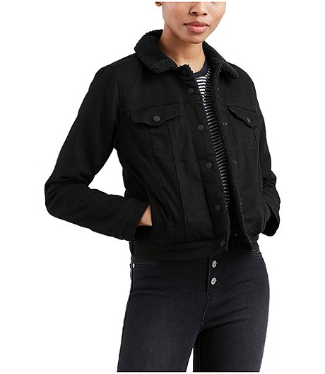 Veste camionneur en jean original avec doublure en sherpa pour femmes, noir sur noir