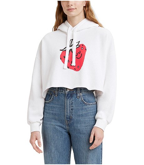 Women's Graphic Strawberry Cropped Hoodie Sweatshirt - White