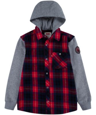 plaid button up pocket hooded jacket