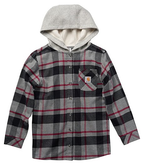 Boys' 7-16 Years Flannel Long Sleeve Front Button Up Hoodie - Charcoal Heather Grey