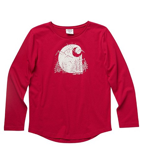 T-shirt en tricot à manches longues et à encolure ras du cou pour filles de 7 à 16 ans, Snowy Mountain, rouge
