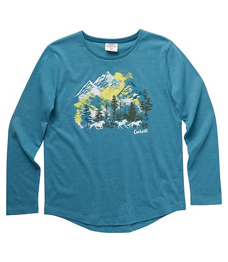 T-shirt en tricot à manches longues et à encolure ras du cou pour filles de 7 à 16 ans, Snowy Mountain