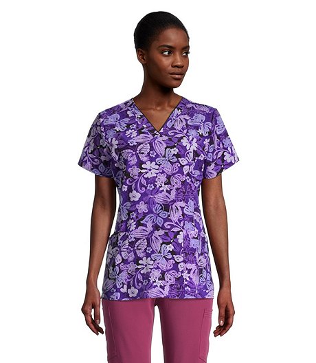 Women's V-Neck Patch Printed Scrub Top - Purple Butterfly