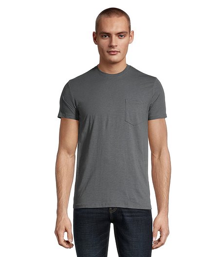T-shirt coupe moderne à col ras du cou en coton flammé lavé après confection avec poche pour hommes