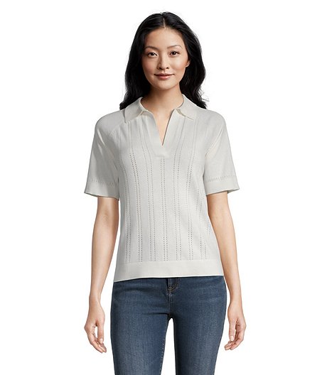 Women's Short Sleeve Polo Sweater with Pointelle Detail