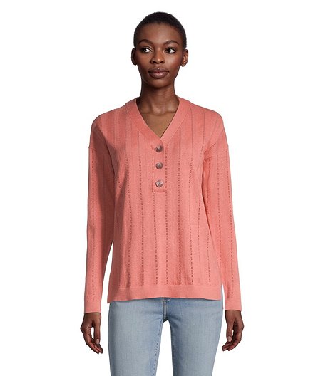 Women's Pointelle Henley V-Neck Pullover Sweater