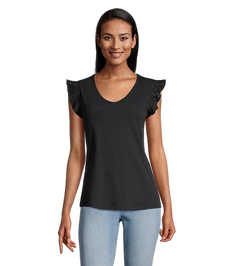 Women's Semi-Fitted Eyelet Lace Sleeve T Shirt