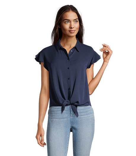 Women's Front Tie Button Up Short Sleeve Blouse