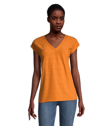 Women's Ribbed Cap Sleeve Relaxed Fit V-Neck T Shirt