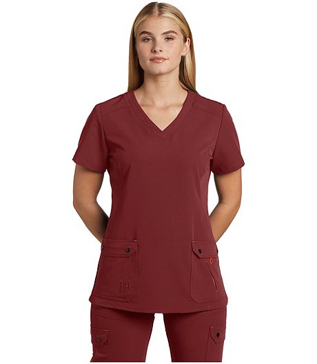 Haut d'uniforme médical extensible avec technologie Viroblock par HeiQ à manches courtes et encolure en V pour femmes