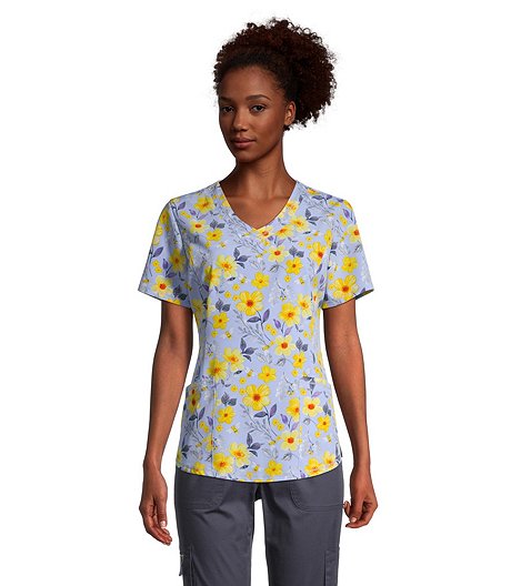 Haut d'uniforme médical à encolure en V, à col et ourlet arrondis, à manches courtes et à imprimé floral «Bee-utiful» pour femmes