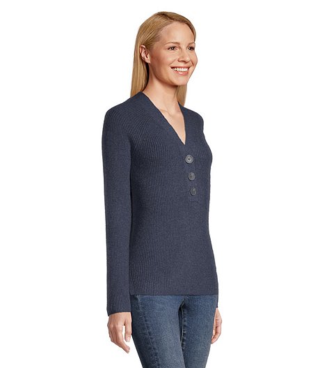 Women's Shaker Stitch Semi-Fitted Henley Pullover Sweater