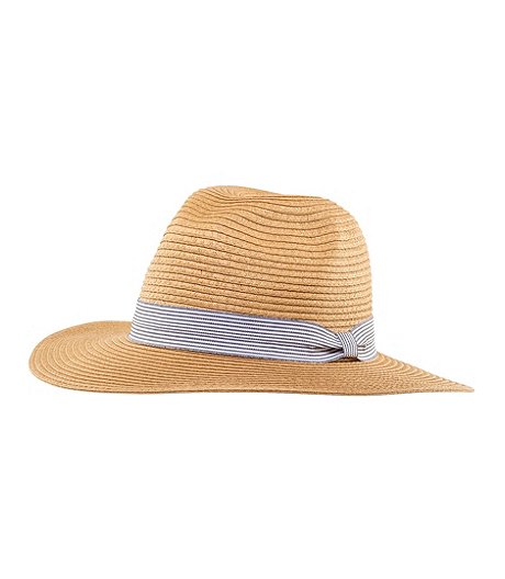 Women's Straw Fedora Hat with Striped Ribbon
