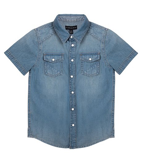 Youth Boys' Modern Fit Short Sleeve Shirt with 2 Chest Pockets - Med Wash