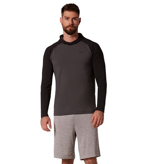 Men's driWear with X-Odor 4 Way Stretch Performance Base Layer Long Sleeve Shirt with Hood - Black Grey