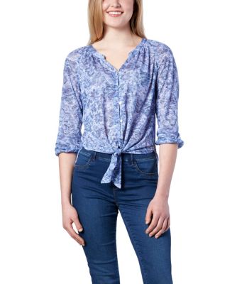 Women's Denver Hayes Tie Front Printed Blouse Medium Blue Medium Women's Denver Hayes Tie Front Printed Blouse Medium Blue Medium