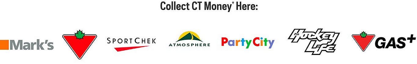 Collect CT Money®ꝉ at Mark's, Canadian Tire, SportChek, Atmosphere, Party City, Pro Hockey Life, Gas+