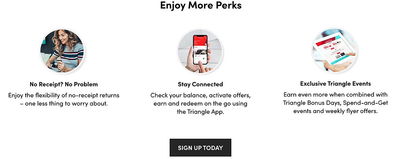 Enjoy More Perks Flexibility of no-receipt returns. Check your balance, activate offers, earn and redeem on the go using the Triangle App. Earn even more when combined with Triangle Bonus Days, Spend-and-Get events, and weekly flyer offers. Sign up today.