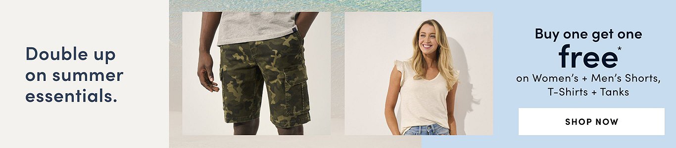 Double up on summer essentials. Buy One Get One Free on women's + men's shorts, T-shirts + tanks. Shop now.