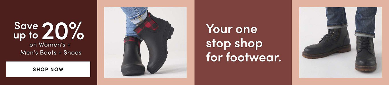 Your one stop shop for footwear. Save up to 20% on Women's, Men's + Kids' Boots + Shoes. Shop now.