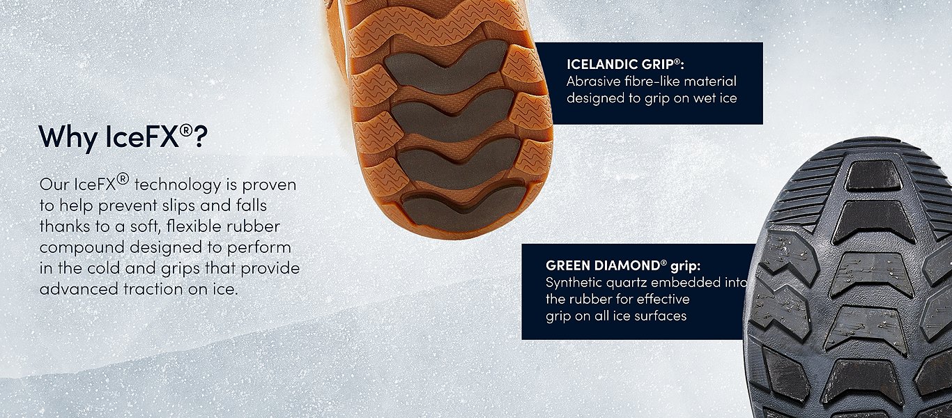Why IceFX? Our IceFX technology is proven to help prevent slips and falls thanks to a soft, flexible rubber compound designed to perform in the cold and grips that provide advanced traction on ice.